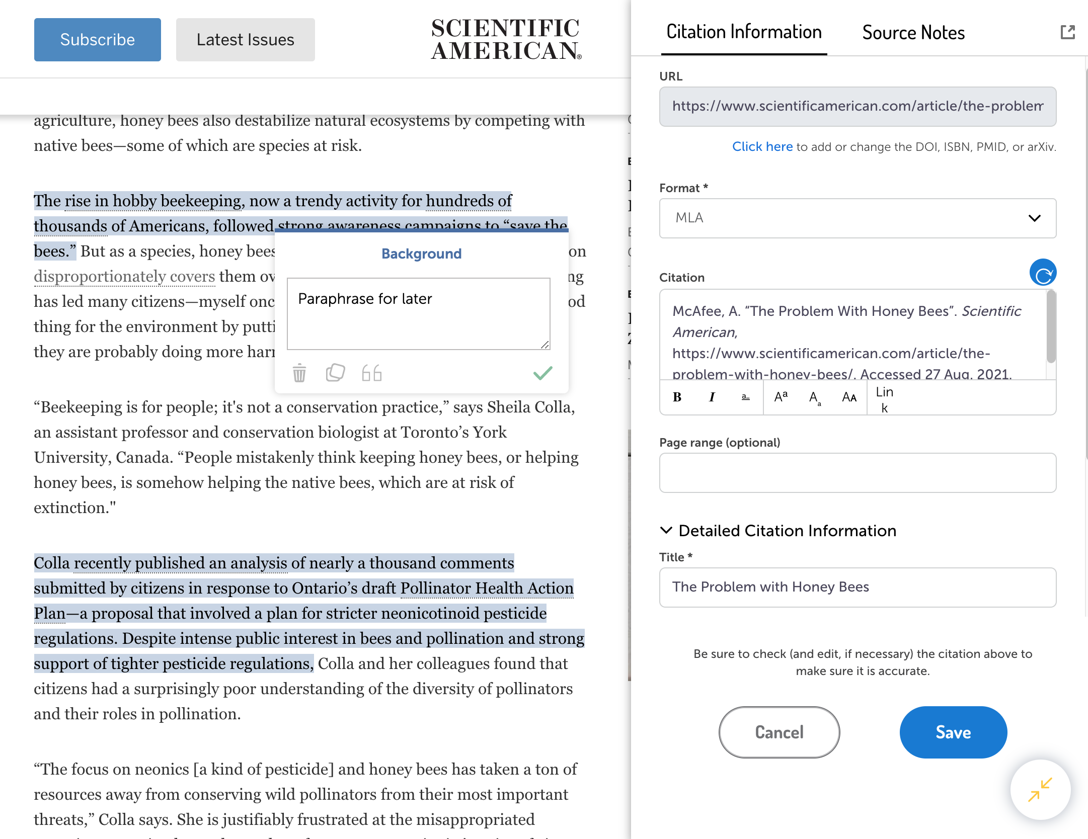 PowerNotes Citation Pane in Extension Image