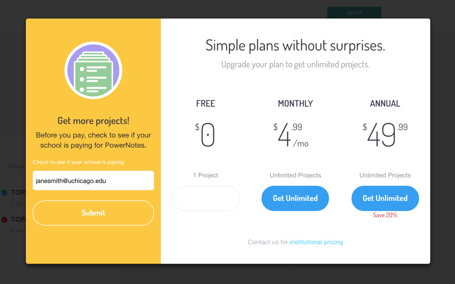 Claim Institutional Account in PowerNotes Image