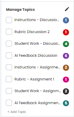 1. Instructions -Discussion 22. Rubric Discussion 23. Student Work - Discussion 24. AI Feedback - Discussion 25. Instructions - Assignment 1etc.